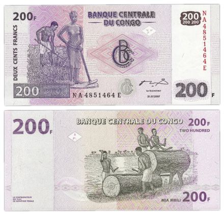Банкнота 200 франков 2007 года, Конго UNC